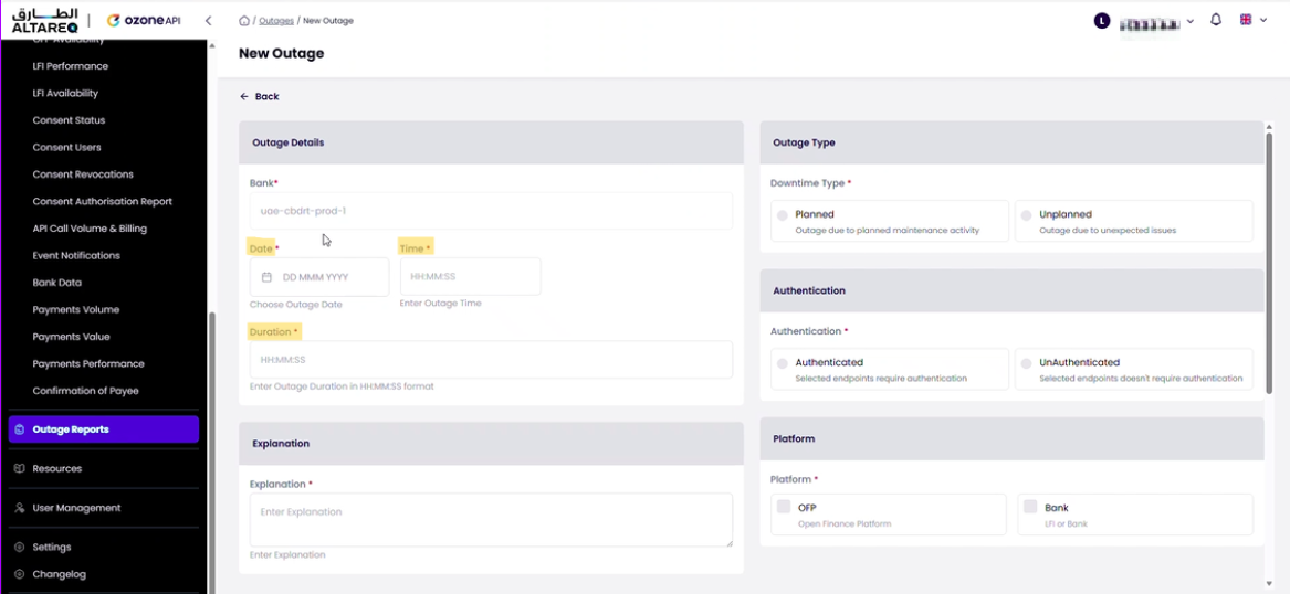 Outage Management form showing date, time, and duration fields