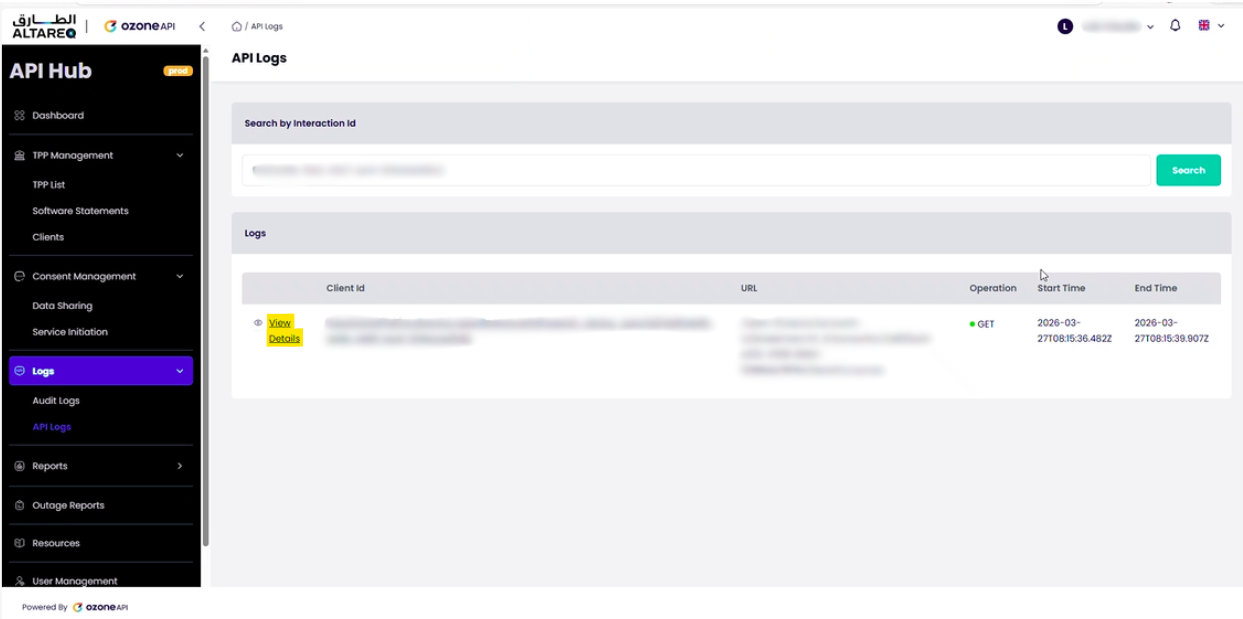 API Log search field with an x-fapi-interaction-id entered