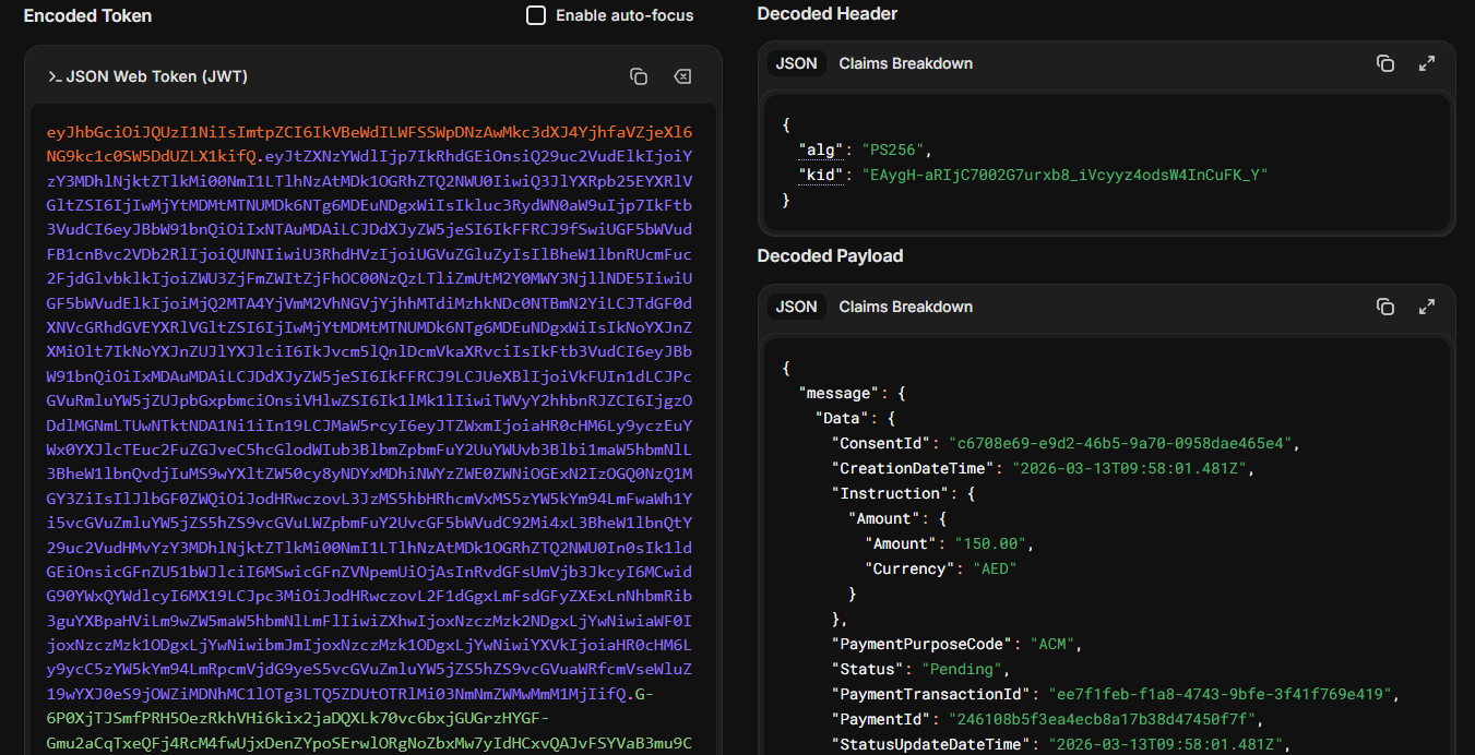 Decoded payment response JWT showing PaymentId and Status